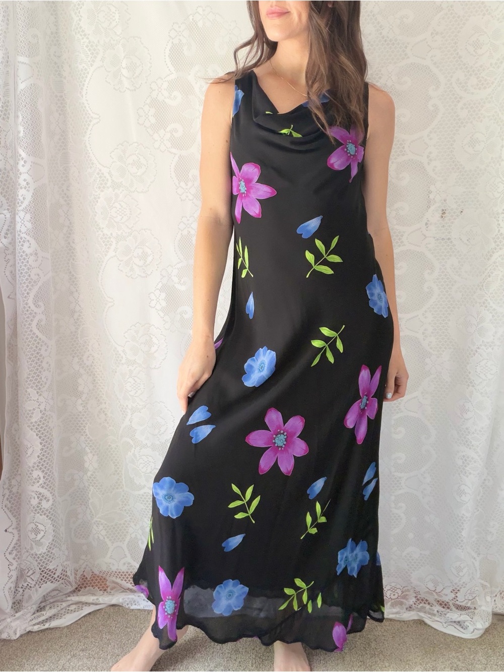 Vintage 1990s Caché Black Floral Rayon Maxi Dress Cowl Neck Sleeveless Medium - Picture 10 of 12